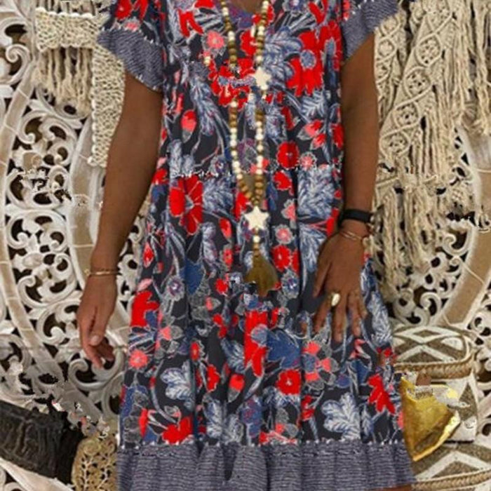2020 Summer Women Dress V-neck Printed Short-Sleeved Mid-length Floral Dress