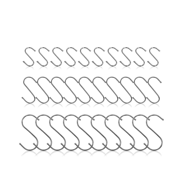 30 Pack Stainless Steel S Hooks, Small, Medium, Large, Utility Hooks for Hanging Pots, Pans, Mugs, Clothing, Tools, Planters, Flower Baskets, Wind Chimes, Bird Feeders and More!