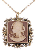 Antique Vintage Brown Square Cameo Lady Maiden Pendant Necklace