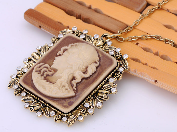 Antique Vintage Brown Square Cameo Lady Maiden Pendant Necklace