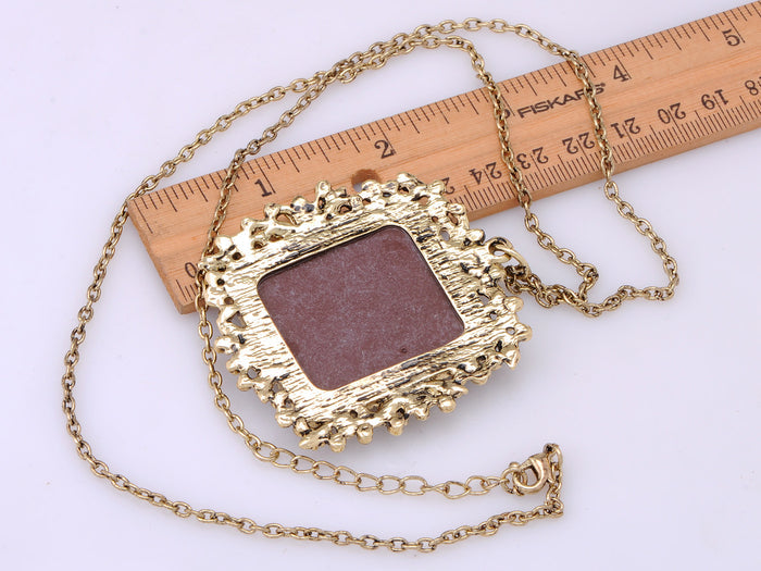 Antique Vintage Brown Square Cameo Lady Maiden Pendant Necklace
