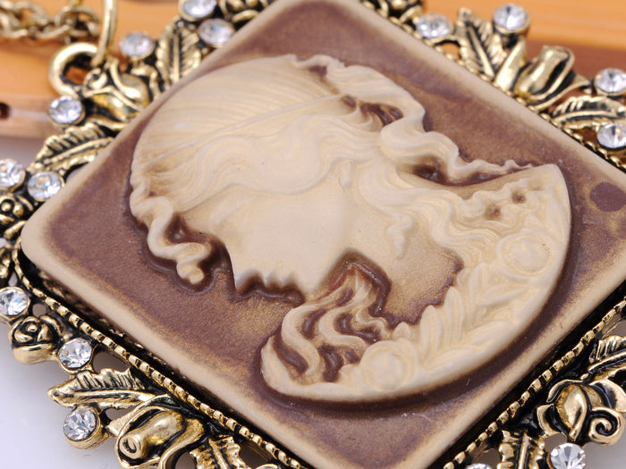 Antique Vintage Brown Square Cameo Lady Maiden Pendant Necklace