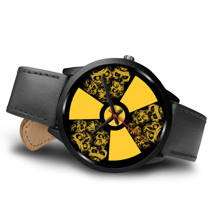 Black Leather Black Metal Mesh Black Link yellow skull watch
