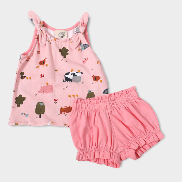 Organic Farm Shoulder Tie Sleeveless Tee + Bubble Shorts Set for Baby Girls