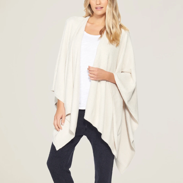 #color_Heathered Stone/Pearl | A woman wearing a beige knit weekend wrap coat with a high neck and long sleeves, paired with dark pants.