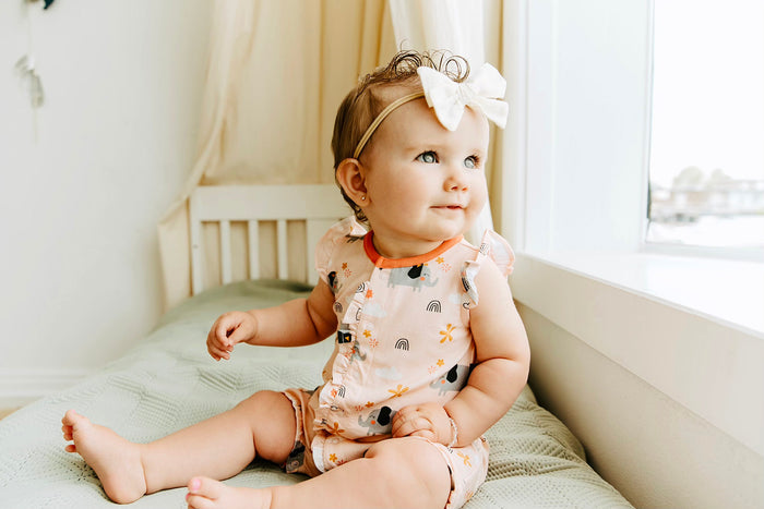 Organic Elephant Ruffled Baby Girl Short Romper - Viverano