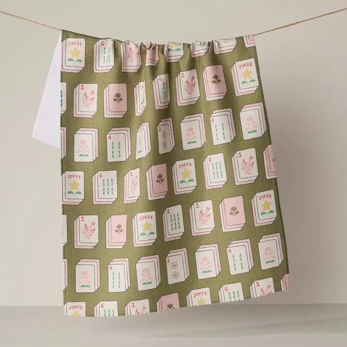 Geometry Flower Tiles Green Tea Towel
