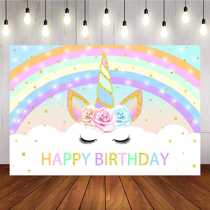 Mocsicka Flowers Unicorn Happy Birthday Party Decor Rainbow and Little Stars Backdrops-Mocsicka Party