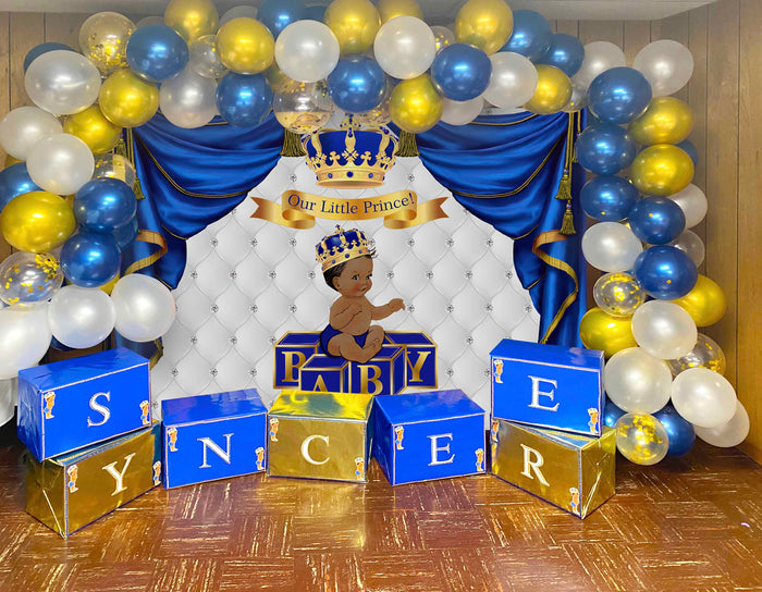 Mocsicka Our Little Royal Prince Baby Shower Backdrop Gloden Crown Blue Curtain Photo Background-Mocsicka Party