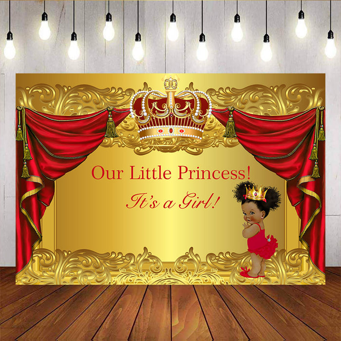 Mocsicka Our Little Royal Princess Baby Shower Backdrop It's A Girl Golden Crown Red Curtain Photo Background-Mocsicka Party