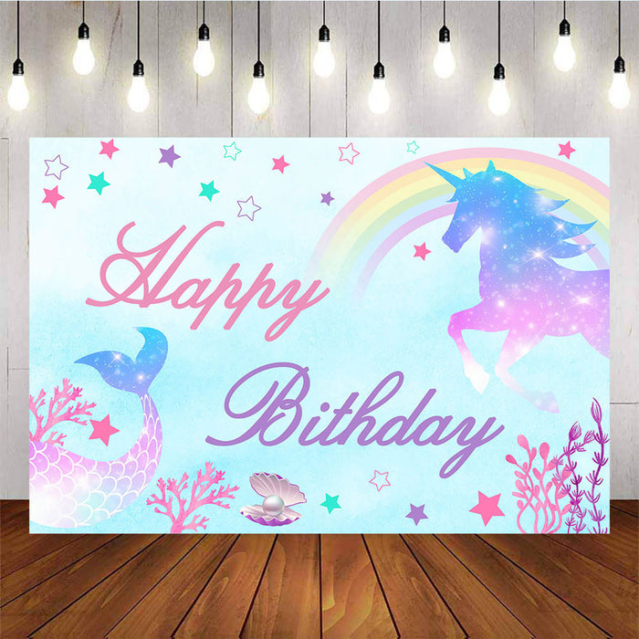 Mocsicka Unicorn and Mermaid Happy Birthday Party Decor Little Stars Undersea Photo Backdrop-Mocsicka Party