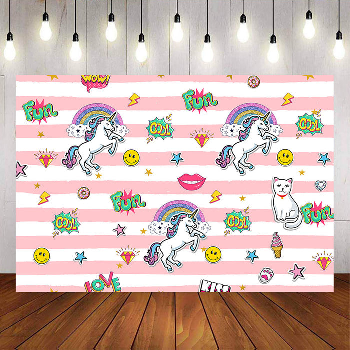 Mocsicka Unicorn Theme Happy Birthday Backdrop Stickers Pink Stripes Photo Background-Mocsicka Party