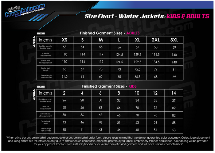 ORDER - DYE SUB Winter Jacket Only