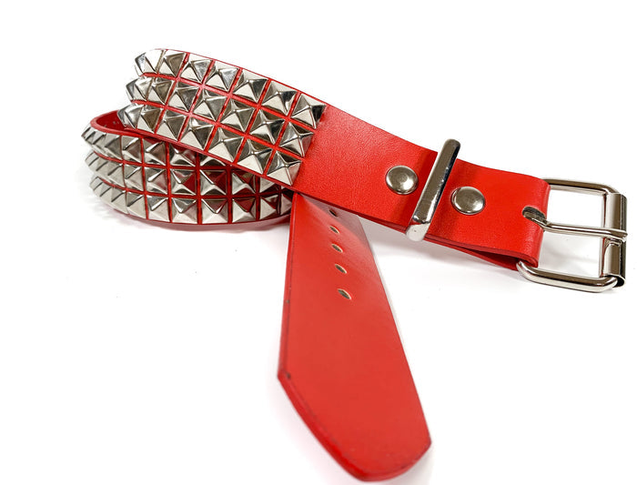 Red Matt Vegan 3 Row Pyramid Studded Belt