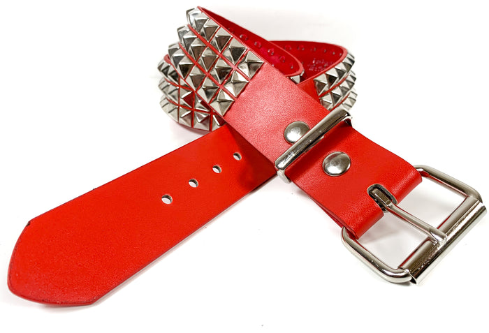 Red Matt Vegan 3 Row Pyramid Studded Belt