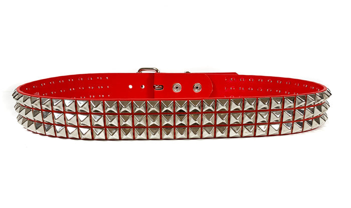 Red Matt Vegan 3 Row Pyramid Studded Belt