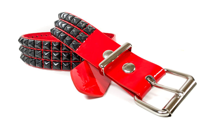 Red Patent Vegan 3 Row Gun Metal Pyramid Studded Belt By Funk Plus