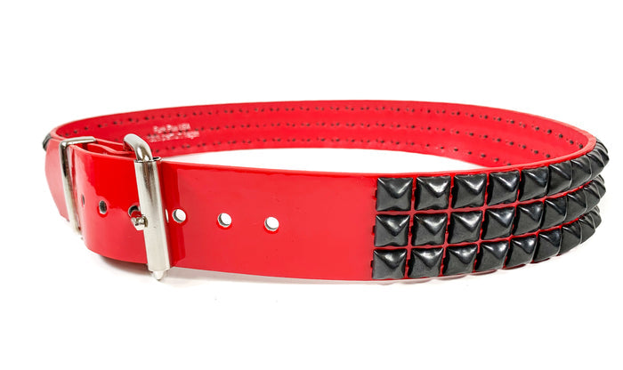 Red Patent Vegan 3 Row Gun Metal Pyramid Studded Belt By Funk Plus