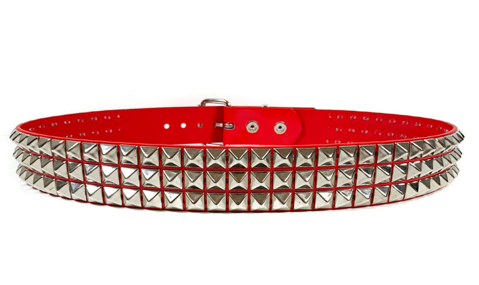 Red Patent Vegan 3 Row Silver Pyramid Studded Belt By Funk Plus