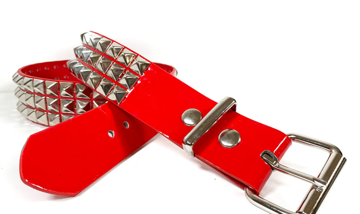Red Patent Vegan 3 Row Silver Pyramid Studded Belt By Funk Plus