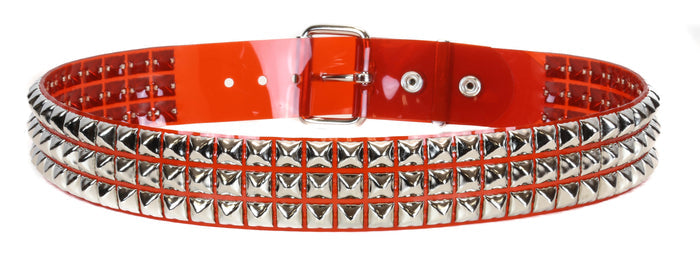 Red Vinyl Black 3 Row Studded Punk Influenced Belt By Funk Plus