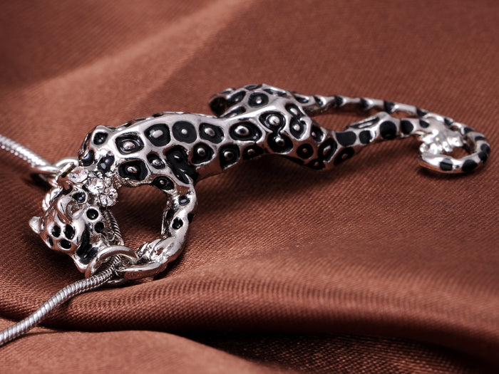 Silver Color Collared Black Spotted Jungle Leopard Pendant Necklace
