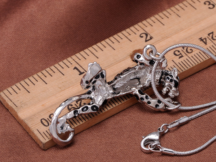 Silver Color Collared Black Spotted Jungle Leopard Pendant Necklace