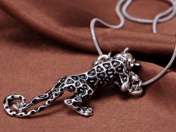 Silver Color Collared Black Spotted Jungle Leopard Pendant Necklace