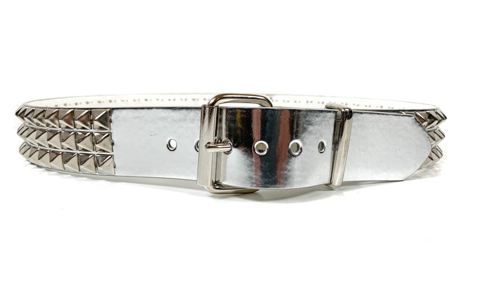 Silver Patent Vegan 3 Row Silver Pyramid Studded Belt By Funk Plus