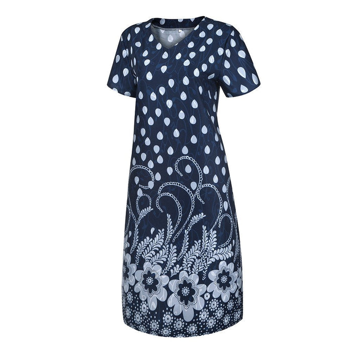 Summer Dot Floral Print V-Neck Short Sleeves Midi Dress