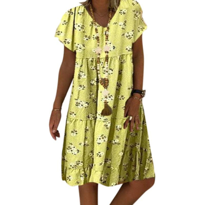 Summer Fashion Women Floral Print  V Neck Short Sleeve Dress