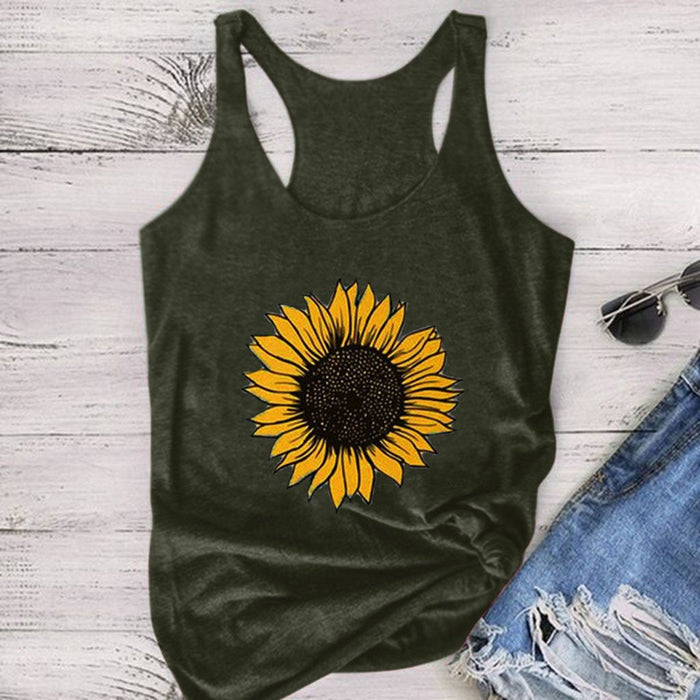 Sunflower Print Women Sleeveless O-neck Tank Tops