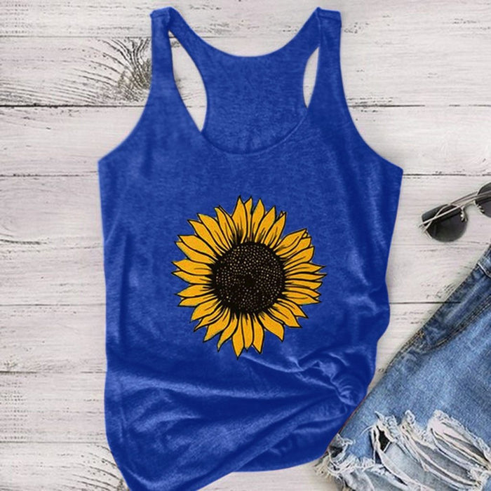 Sunflower Print Women Sleeveless O-neck Tank Tops