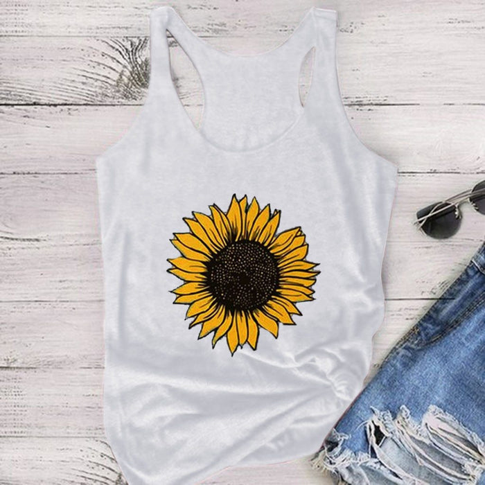 Sunflower Print Women Sleeveless O-neck Tank Tops