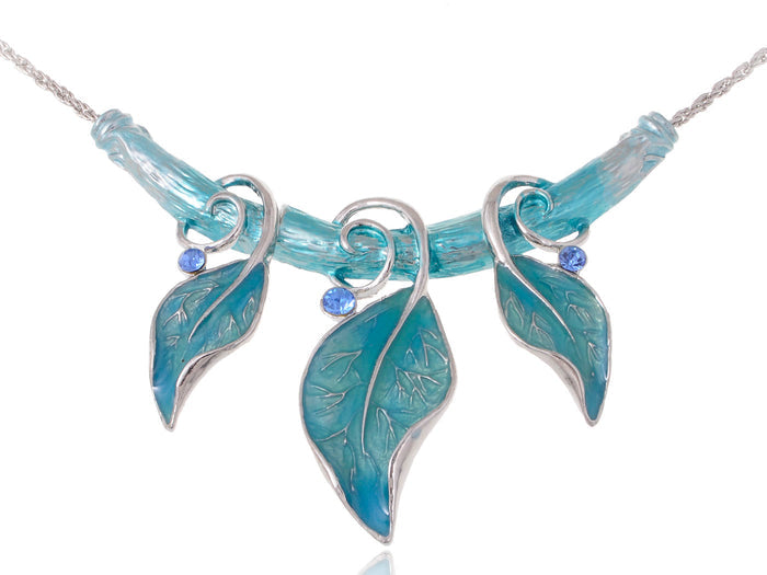 Turquoise Color Painted Enamel Vine Leaf Gypsy Blue Gems Pendant Necklace - ALILANG.COM