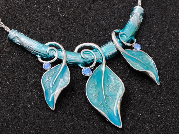 Turquoise Color Painted Enamel Vine Leaf Gypsy Blue Gems Pendant Necklace - ALILANG.COM