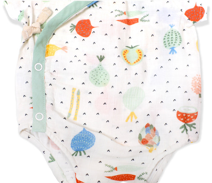 Organic Muslin Veggie Salad Short Sleeve Kimono Bodysuit for Babies