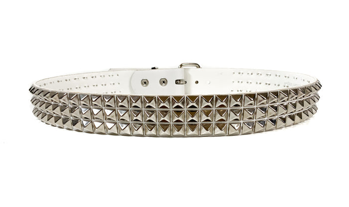 White Matt Vegan 3 Row Silver Pyramid Studded Belt By Funk Plus