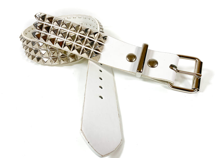 White Matt Vegan 3 Row Silver Pyramid Studded Belt By Funk Plus