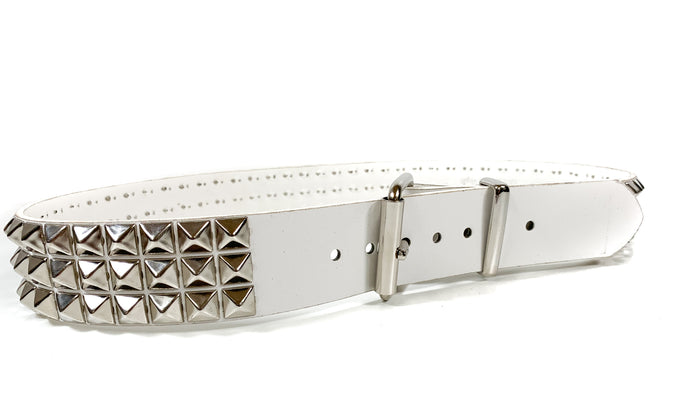 White Matt Vegan 3 Row Silver Pyramid Studded Belt By Funk Plus