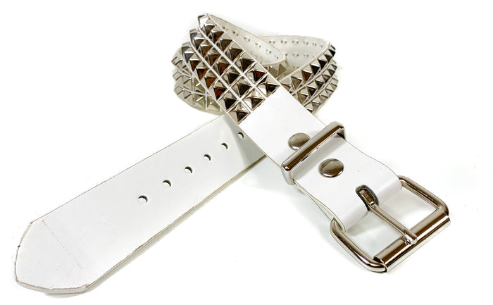 White Matt Vegan 3 Row Silver Pyramid Studded Belt By Funk Plus