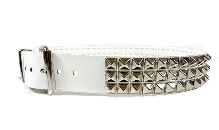 White Patent Vegan 3 Row Silver Pyramid Studded Belt By Funk Plus