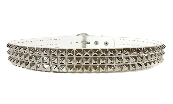 White Patent Vegan 3 Row Silver Pyramid Studded Belt By Funk Plus