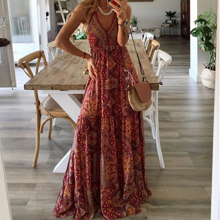 Woman's Boho Dress V-Neck Sleeveless Spaghetti Strap Long Dress