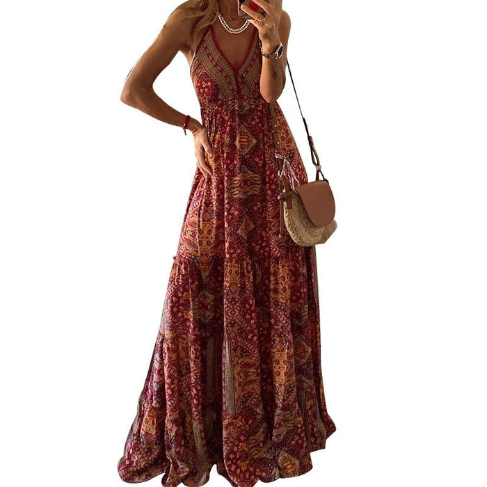 Woman's Boho Dress V-Neck Sleeveless Spaghetti Strap Long Dress