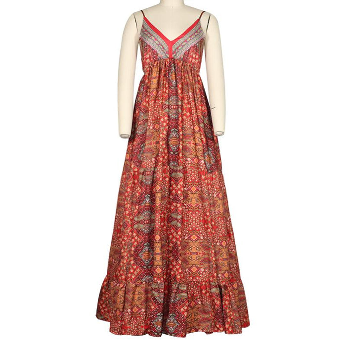 Woman's Boho Dress V-Neck Sleeveless Spaghetti Strap Long Dress