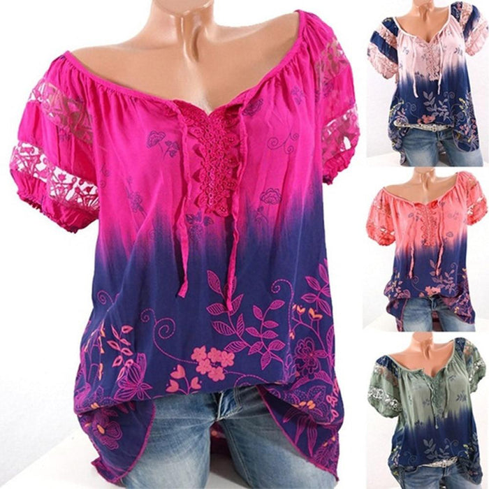 Womens Lace Blouses Summer Short Sleeve Tops Loose Shirt